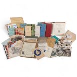 A box of mixed ephemera, postcards, a Vintage Norton Spare Parts booklet, 2 books The Modern