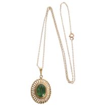 A 9ct gold green stone set pendant and chain, length 27cm, 3.5gms