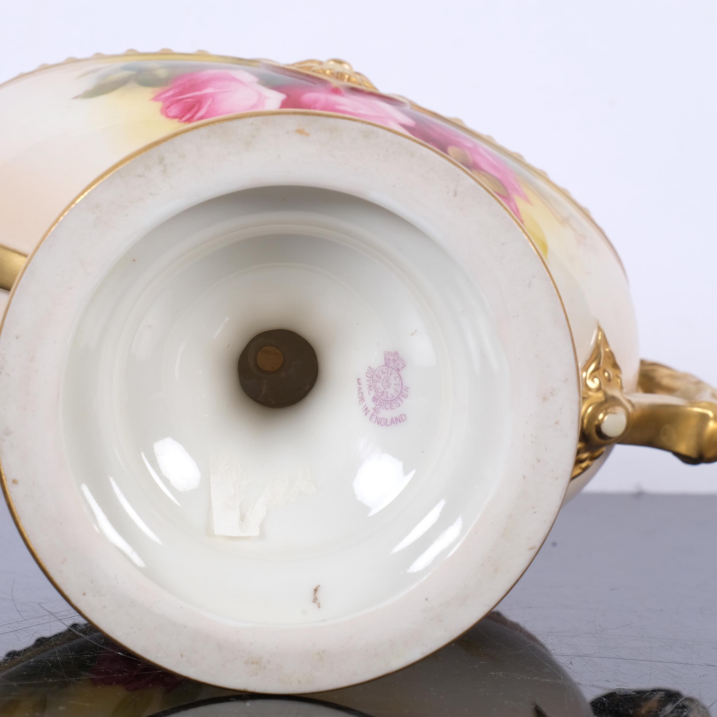 Royal Worcester, a blush ivory and hand painted 2-handled comport on stand, signed M Hunt, H18.5cm 1 - Image 2 of 2