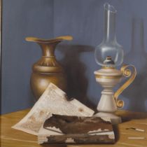 F Alberti, oil on canvas, still life study of an oil lamp and vase on side table, 68cm x 58cm