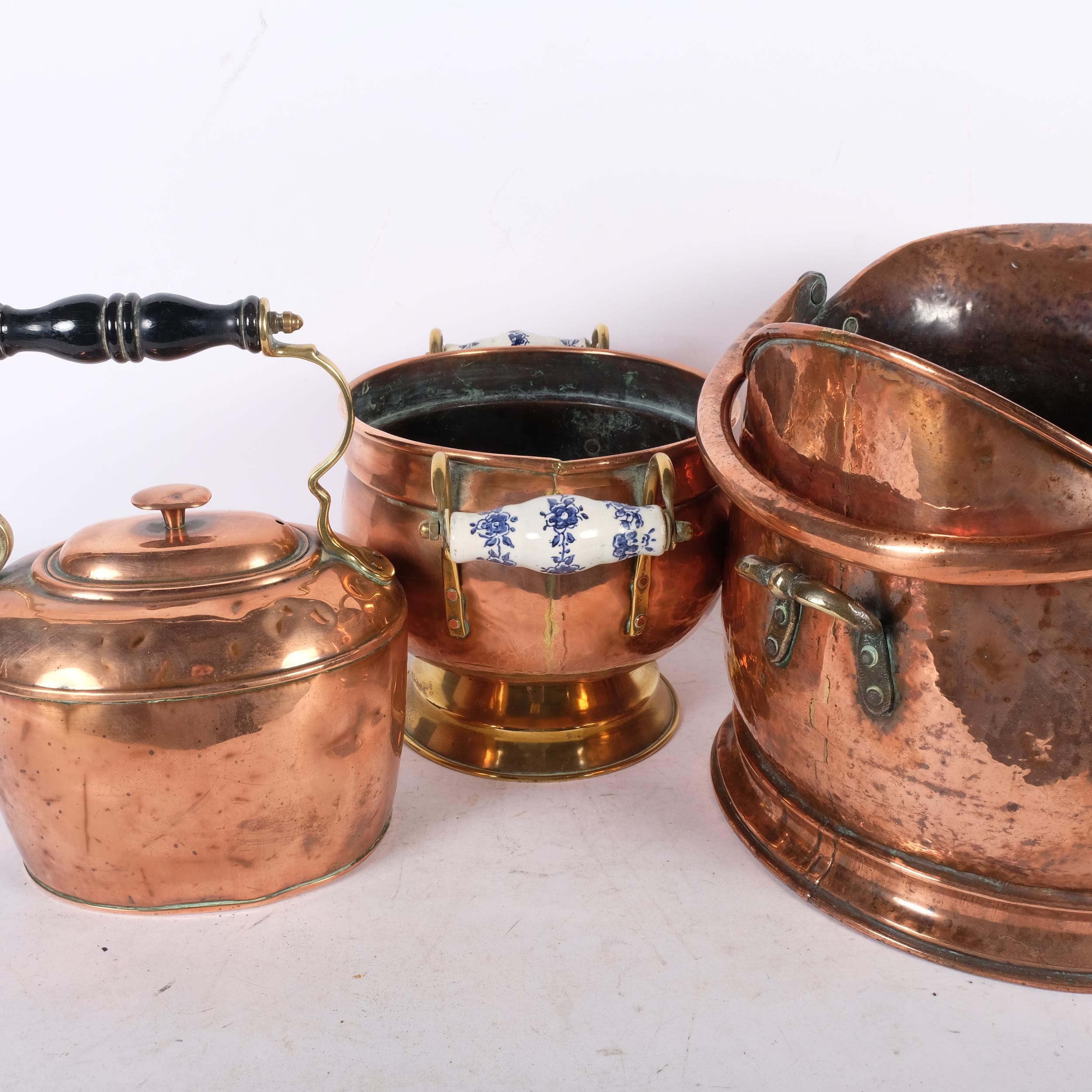 Antique copper coal bucket with swing handle, Victorian oval copper kettle, and a Dutch jardiniere - Image 2 of 2