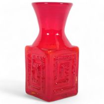 A Dartington Glass Greek Key pattern red glass vase, 24cm