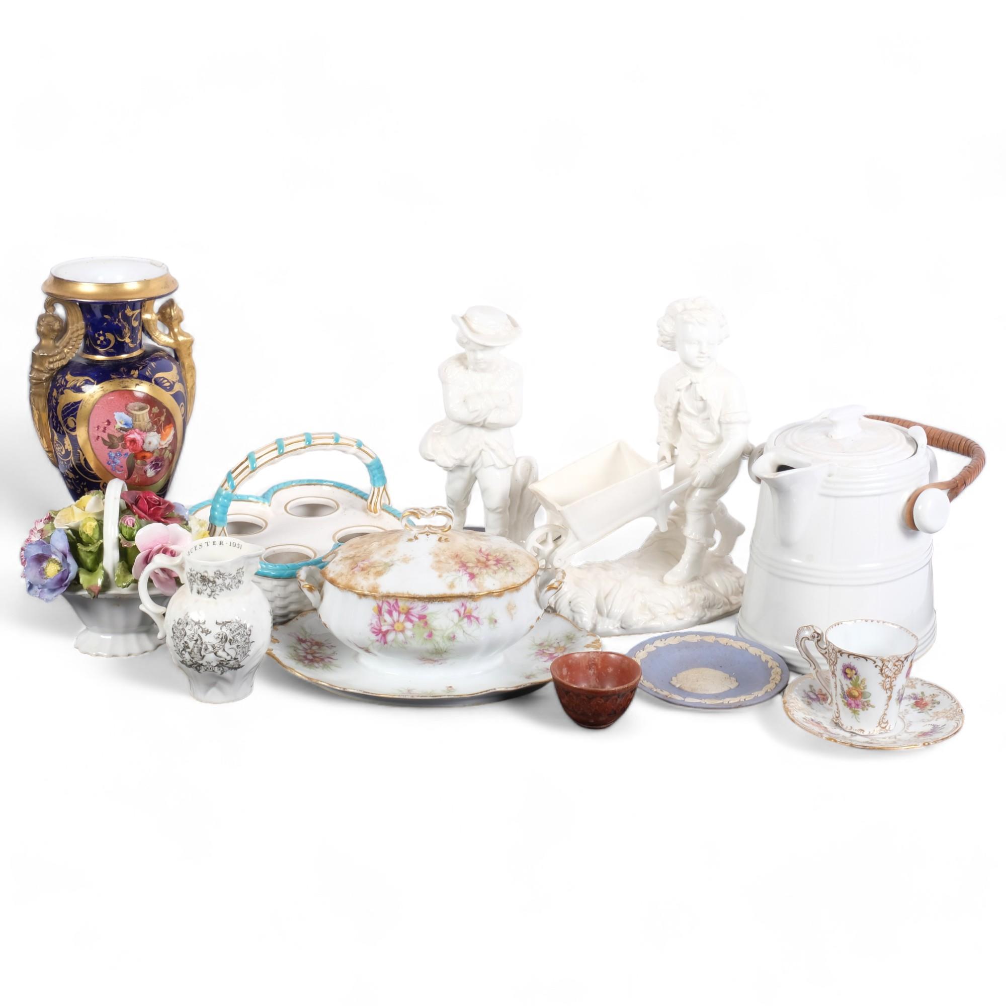 A Victorian porcelain child with wheelbarrow, Davenport egg stand, Dresden cup and saucer, etc