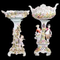 2 German porcelain pierced comports on separate stands, supported by figures, tallest 39cm