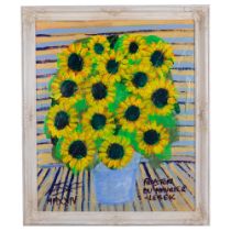 Royston Du Maurier Lebek, oil on board, still life study of sunflowers, 69cm x 59cm overall, framed