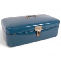 A Vintage enamelled turquoise bread tin, 48cm x 16cm x 25cm, working lock and handle