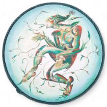 A circular oil painting of a mythical figure, interesting rope frame, 42cm