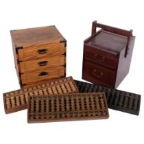 A wooden Japanese sewing box, with handle, and 2 associated drawers, a third Japanese wooden table-