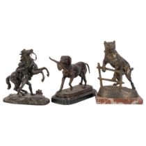 A group of patinated spelter animal groups, including a hunting dog on stand, after Valtorn, study