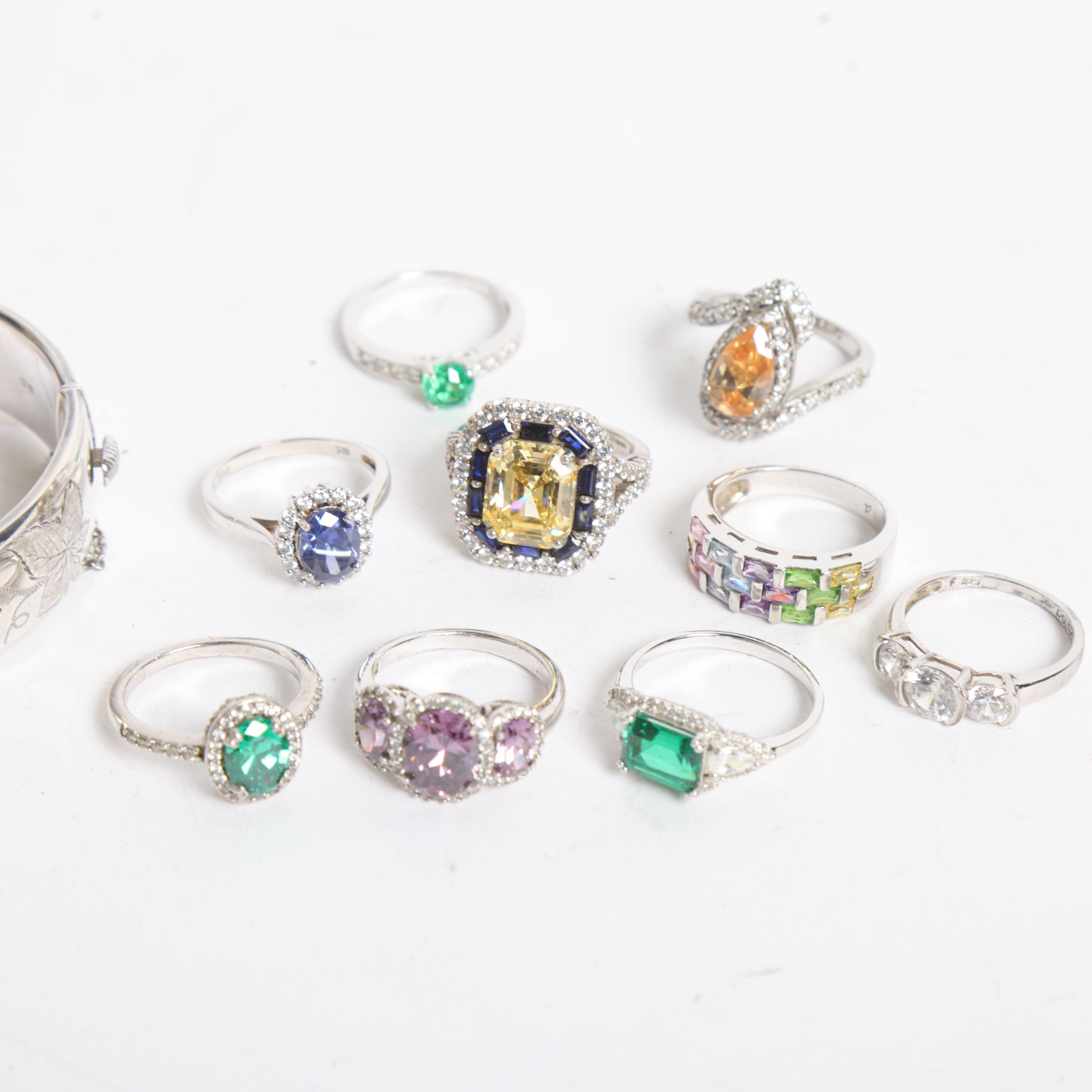 9 various stone set silver dress rings, and an engraved silver hinged bangle - Image 2 of 2