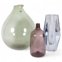 Vintage green glass Scandinavian jug, H29.5cm, a signed amethyst glass jug, and a Scandinavian