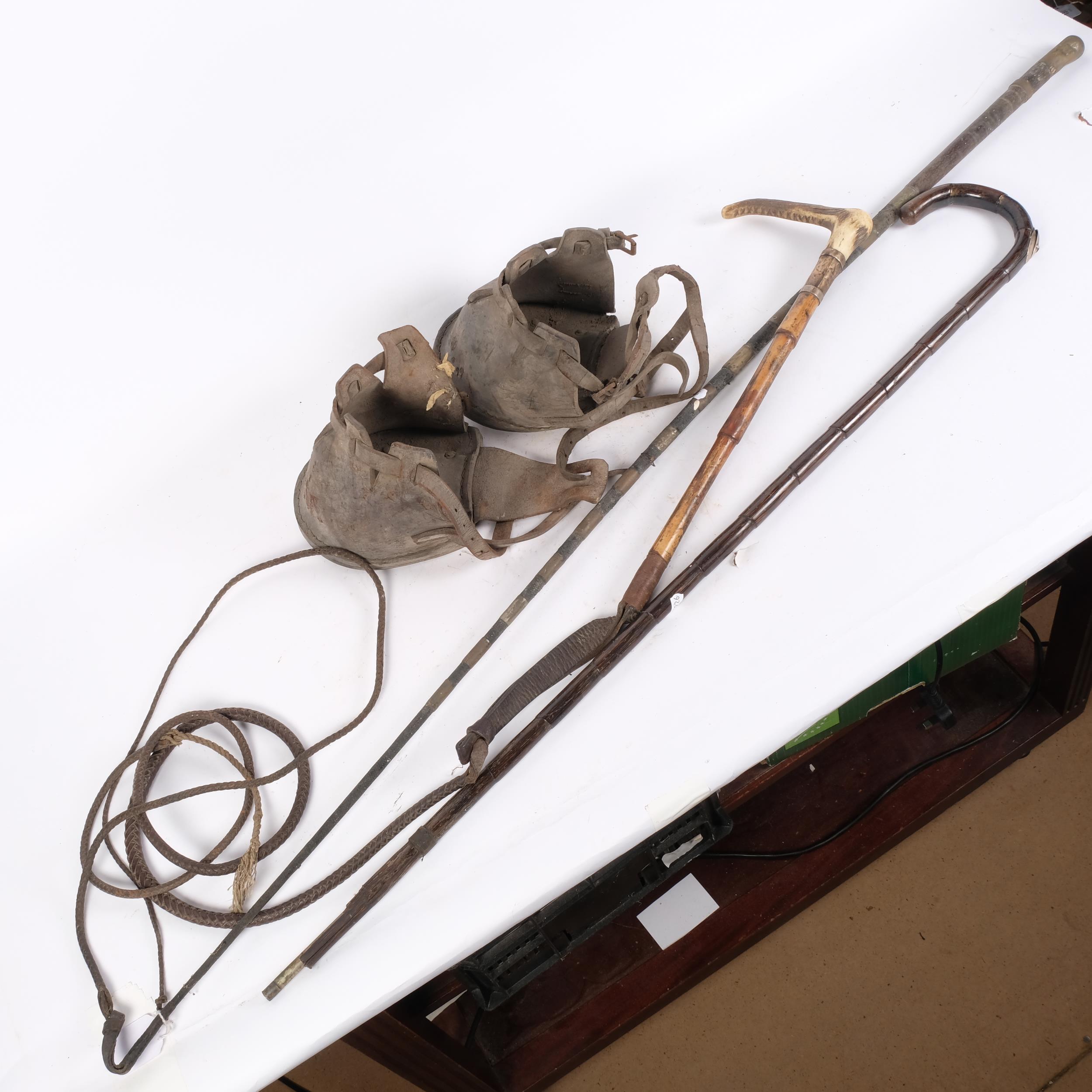 A group of equine associated items, including a horse measuring walking cane, carriage whip, horn- - Image 2 of 2