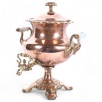 A Victorian copper and brass samovar with cover and glass handles, H42cm