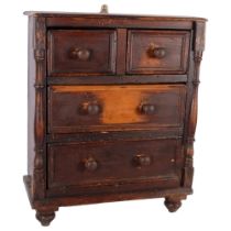 A Victorian apprentice piece stained pine table-top chest of 2 short and 2 long drawers, with