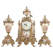 Vintage Continental cast-gilt brass and ceramic Continental clock garniture, clock height 40cm, with