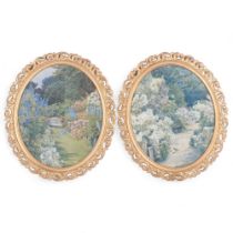 A pair of coloured prints, garden scenes, in gilded Florentine style pressed metal frames, H36cm