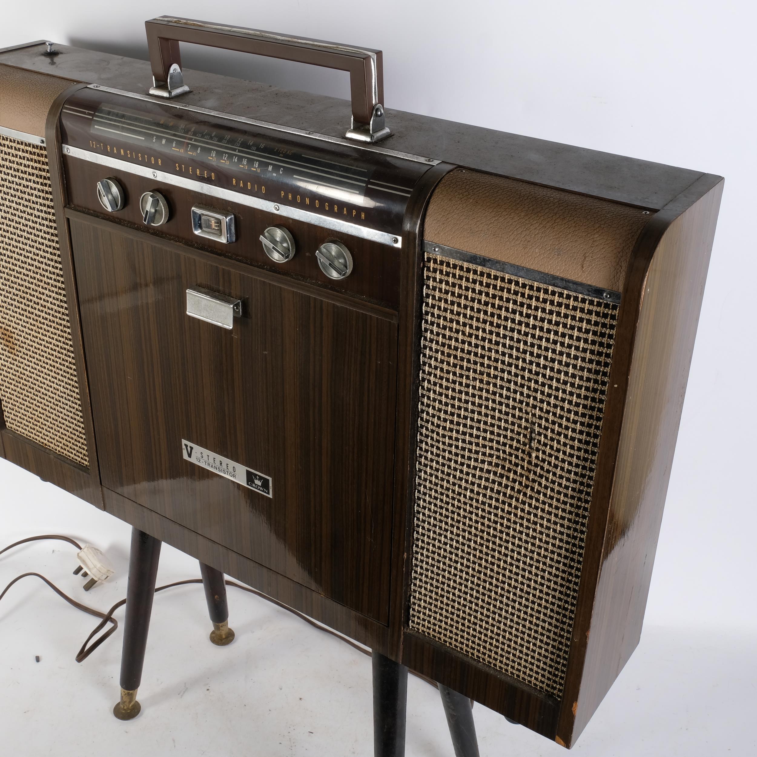 A Vintage mi-20th century Crown V stereo 12-transistor stereo radio phonograph record player, - Image 2 of 2