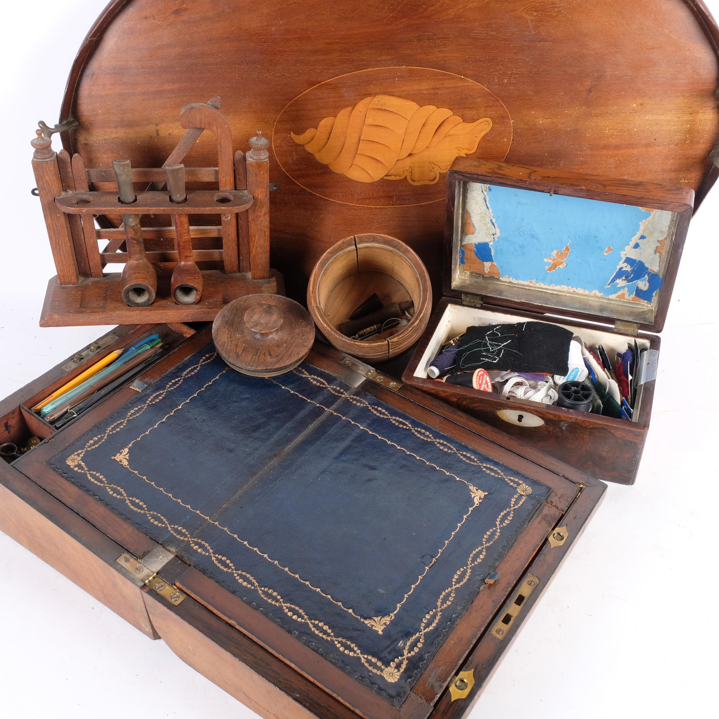 An Edwardian oval mahogany galleried tray, marquetry inlaid walnut writing box, a pipe rack, - Image 2 of 2