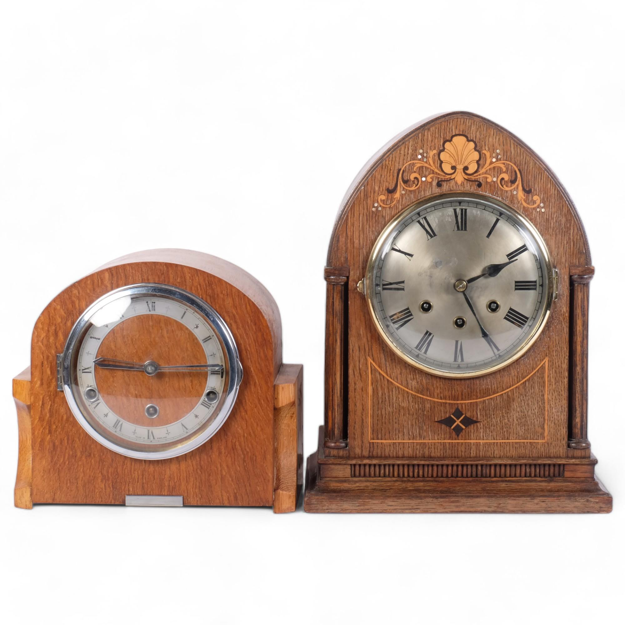 An oak-cased lancet-top inlaid oak mantel clock with 3-train movement, 36cm, and an Art Deco