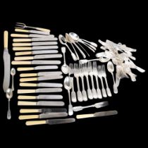 A box of various plated flatware, including Fiddle pattern forks and spoons, ivorine-handled