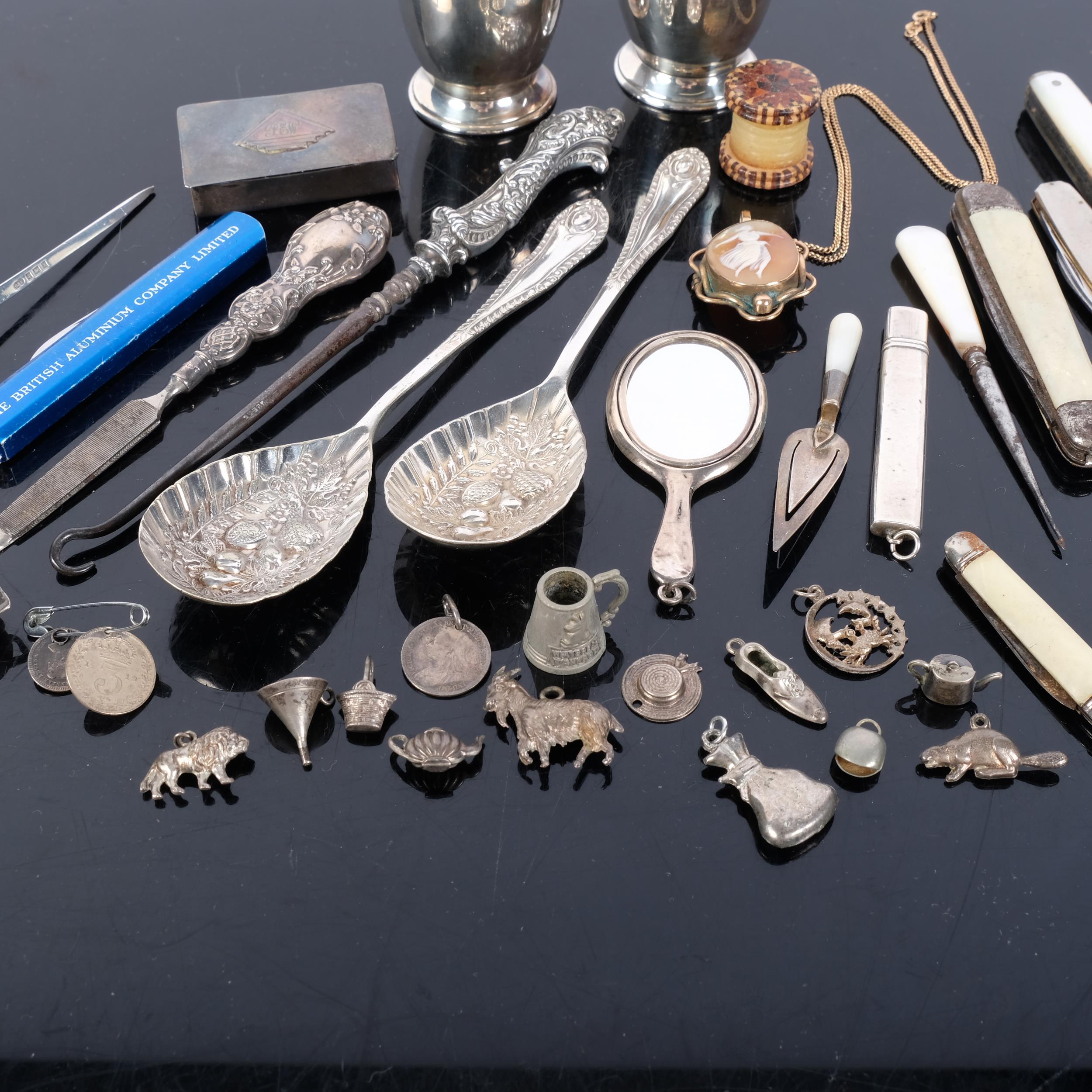 A group of various items, including a Tunbridge Ware wax threader, plated spoons, penknife, a gilt- - Image 2 of 2