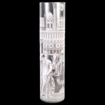 A glass vase with printed Classical figures of buildings, 46cm