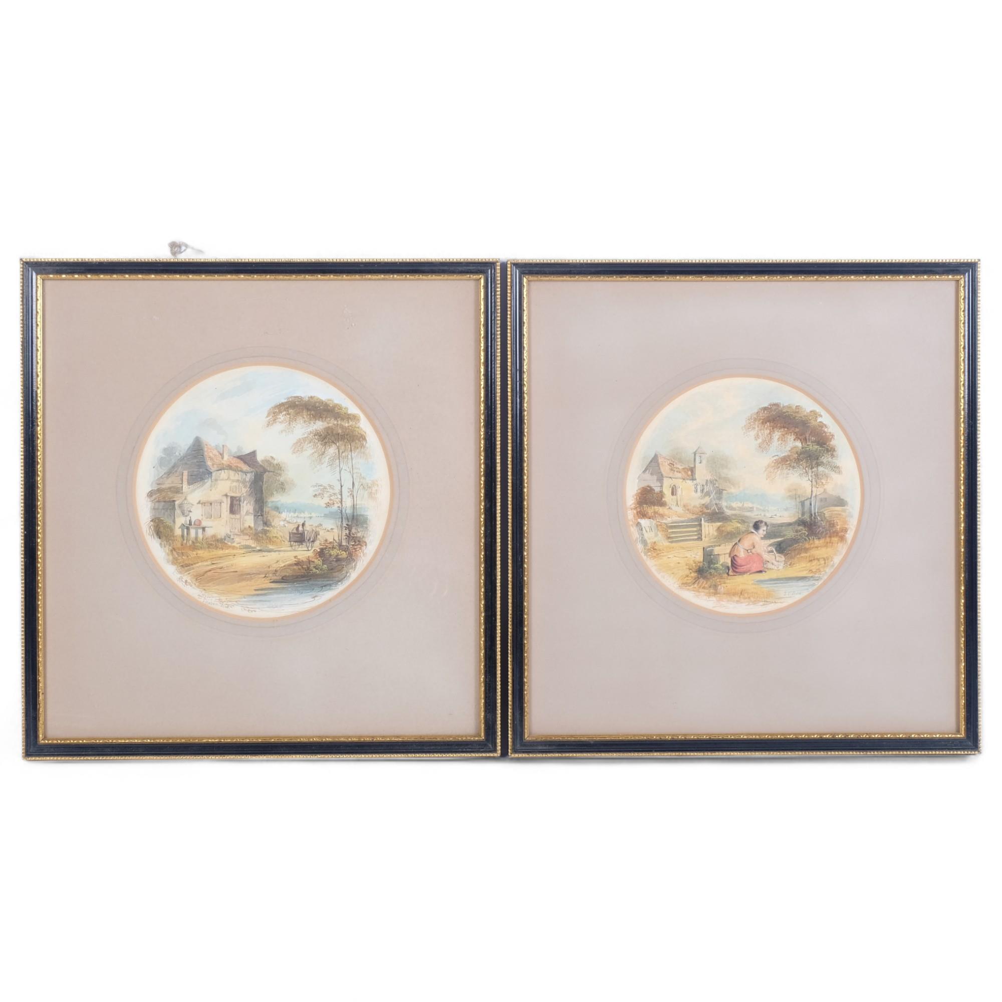 J Oldfield, pair of 19th century rural landscapes, watercolour, signed, 14cm across, framed, and a