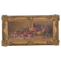 Oil on canvas, still life vase and flowers, gilt-framed, 70cm x 37cm, overall