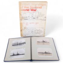 An album of Naval postcards and photographs, depicting military ships including HMS Hood, HMS