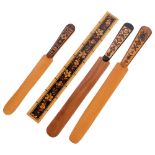 3 Tunbridge Ware decorated page turners/letter openers, longest 24cm, and a ruler, length 23cm