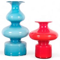 Blue cased glass vase, H23cm, and a similar smaller red vase