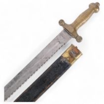 A 19th century Swiss pioneer gladius, with a steel double saw teeth blade, brass pommel and handle