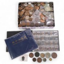 A tin of various British coins, cartwheel pennies, etc