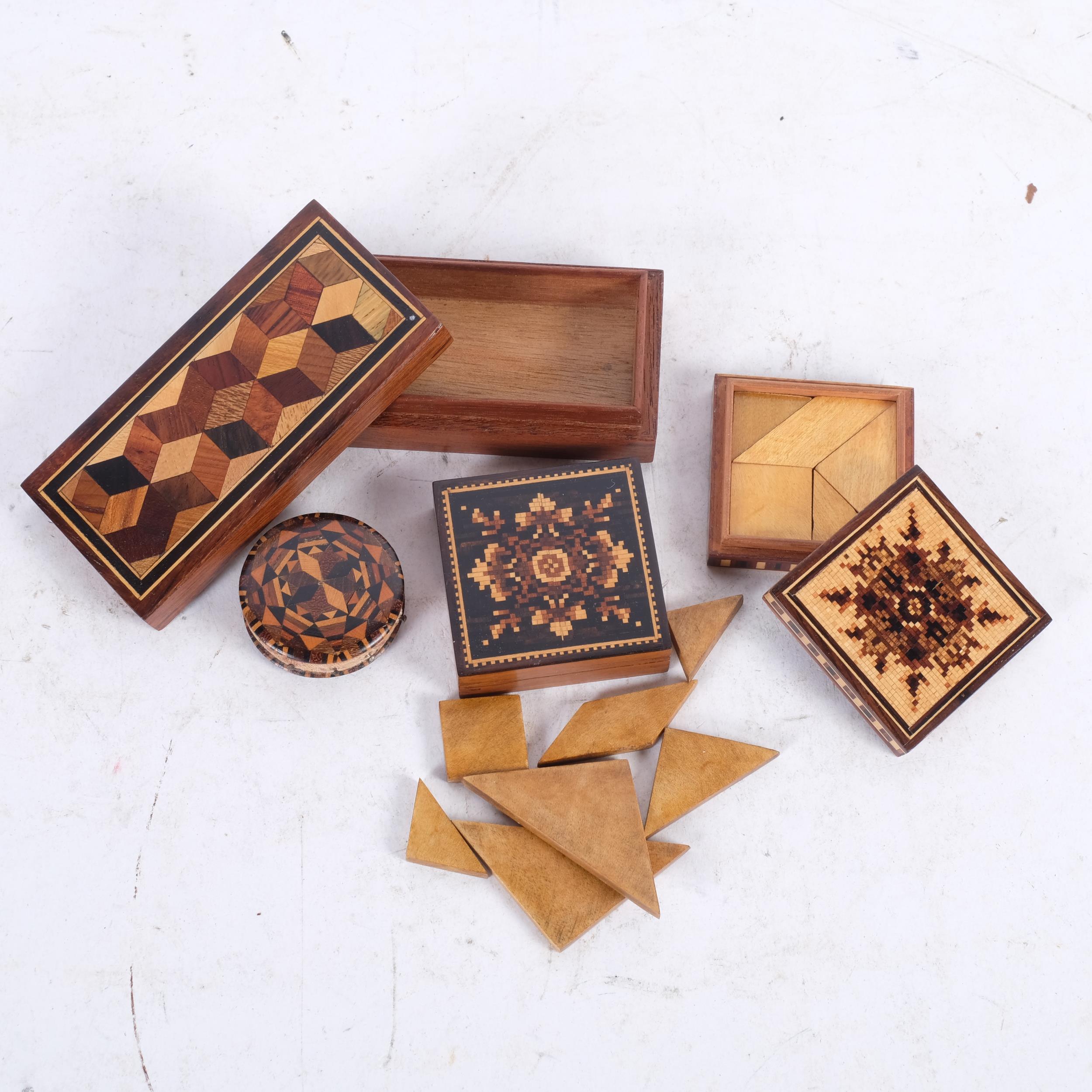 2 Tunbridge Ware puzzle boxes, a Tunbridge Ware circular pin cushion, and a cubed marquetry - Image 2 of 2