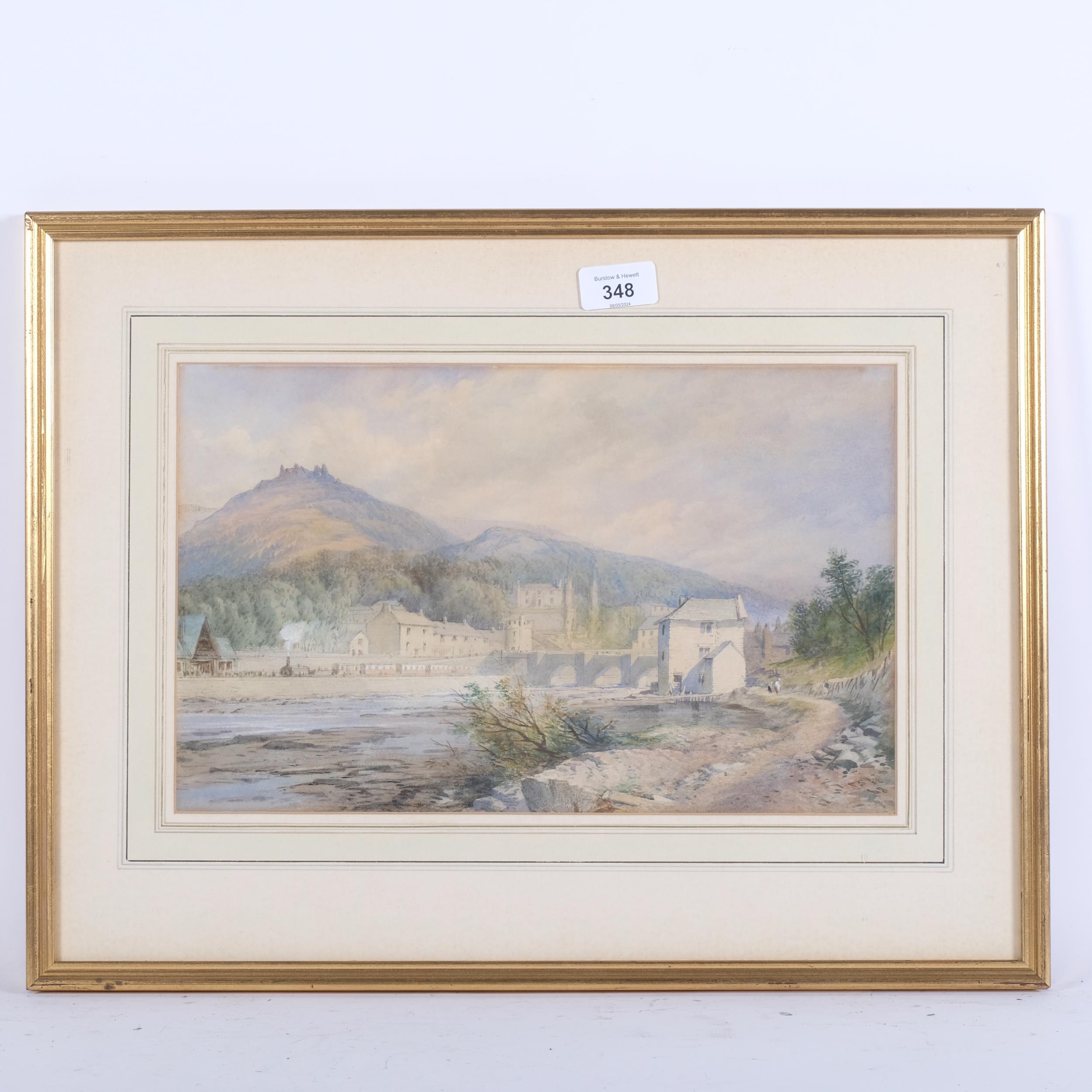 A watercolour, buildings and valley landscape, unsigned, label to reverse "by the late Thomas - Image 2 of 2