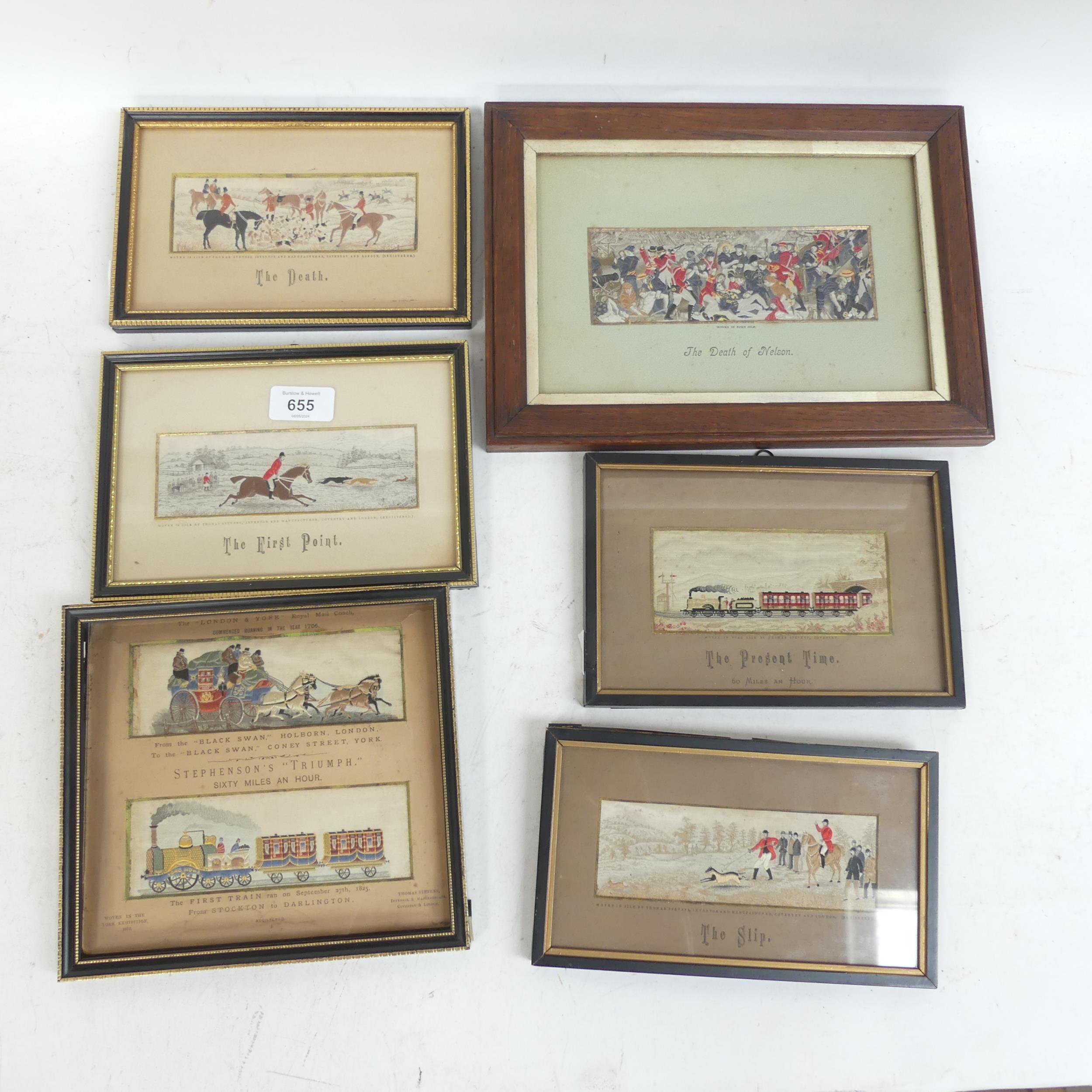 3 Stevengraphs depicting hunting scenes, and 2 depicting Stephenson's "Triumph", and another