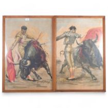 J. Cros Estreuy?, pair of Spanish bull fighting prints, oak-framed, 77cm x 52cm overall, with Studio