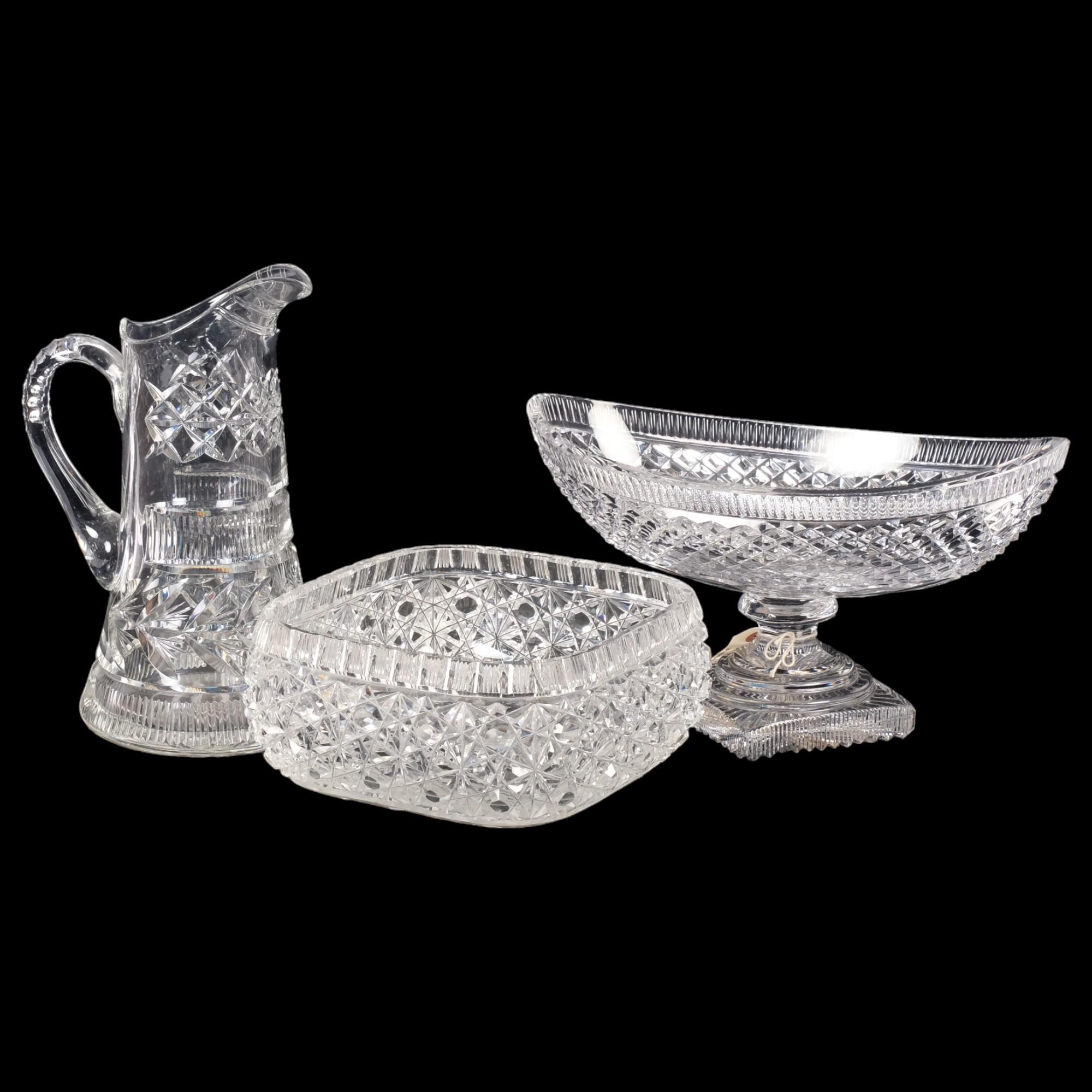 A heavy quality cut-glass water jug, 28.5cm, a Georgian style bowl on foot, and a cut-crystal