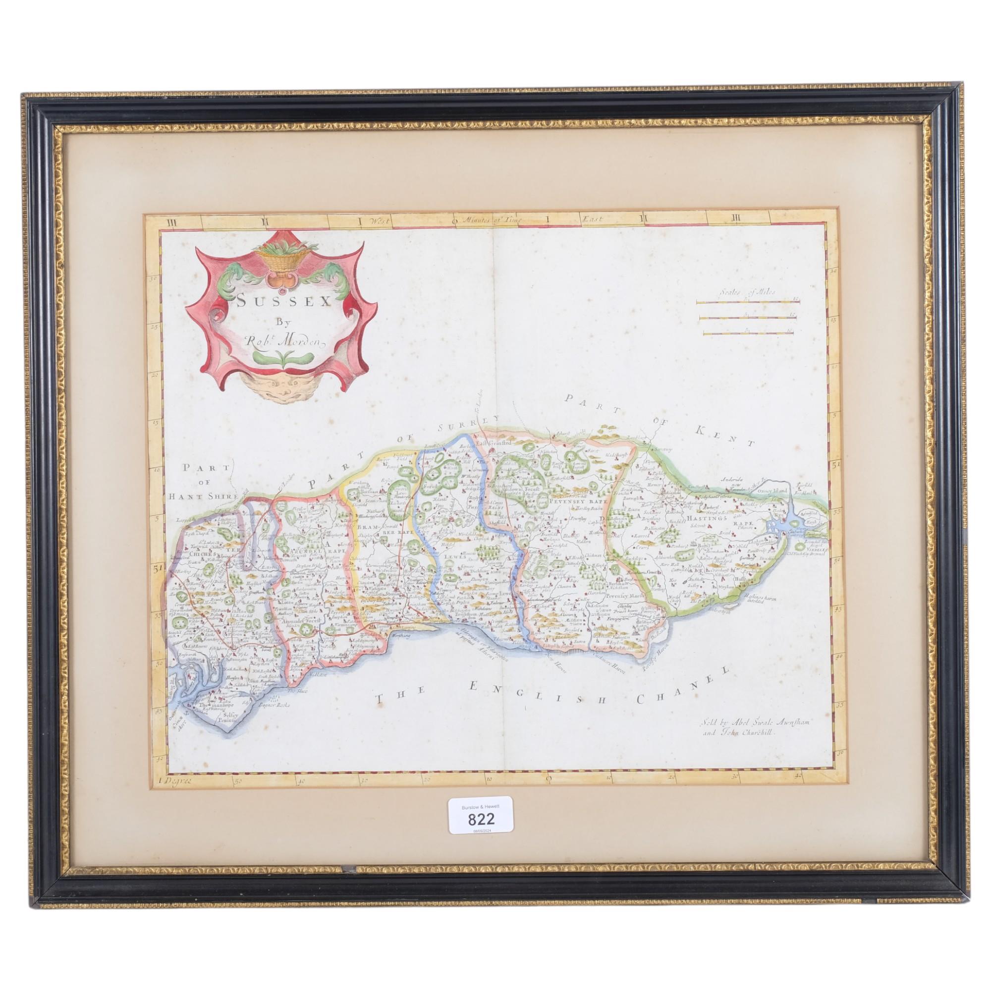 Antique hand coloured map of Sussex by Robert Morden, Hogarth frame, 49cm x 56cm