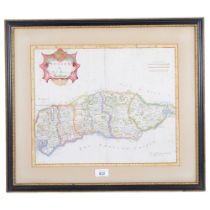 Antique hand coloured map of Sussex by Robert Morden, Hogarth frame, 49cm x 56cm