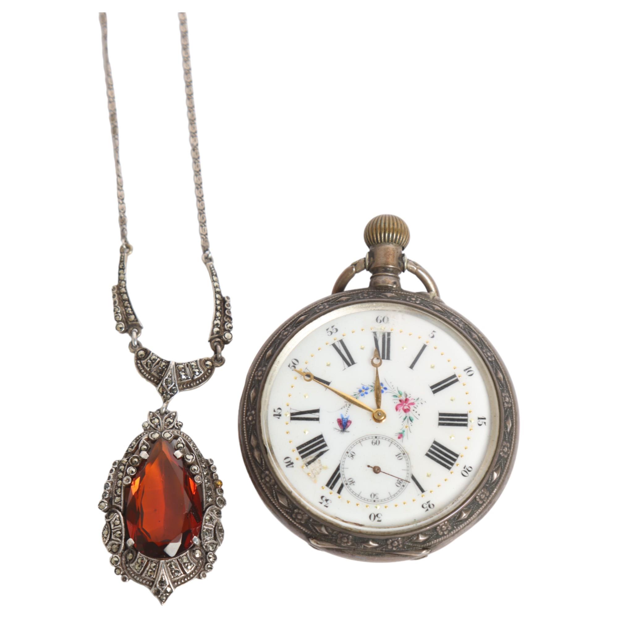 A Continental metal-cased top-wind pocket watch, with floral dial and Roman numerals (currently