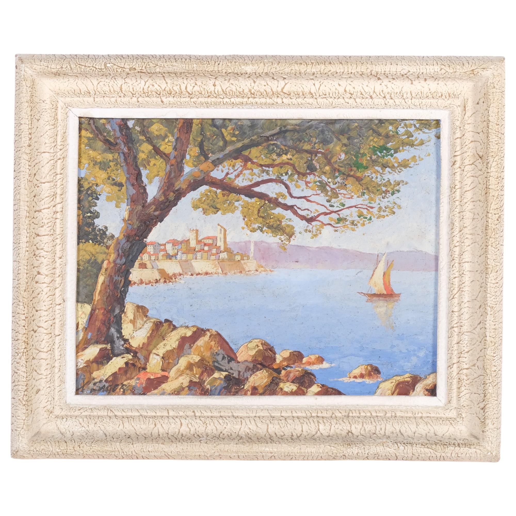 Oil on board, Mediterranean view with sailing boat, in painted wood frame, 36cm x 46cm