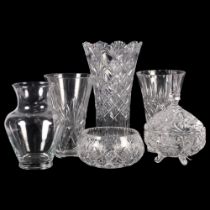 A large cut-crystal vase, 35cm, 3 smaller vases, a bon bon dish, and a bowl
