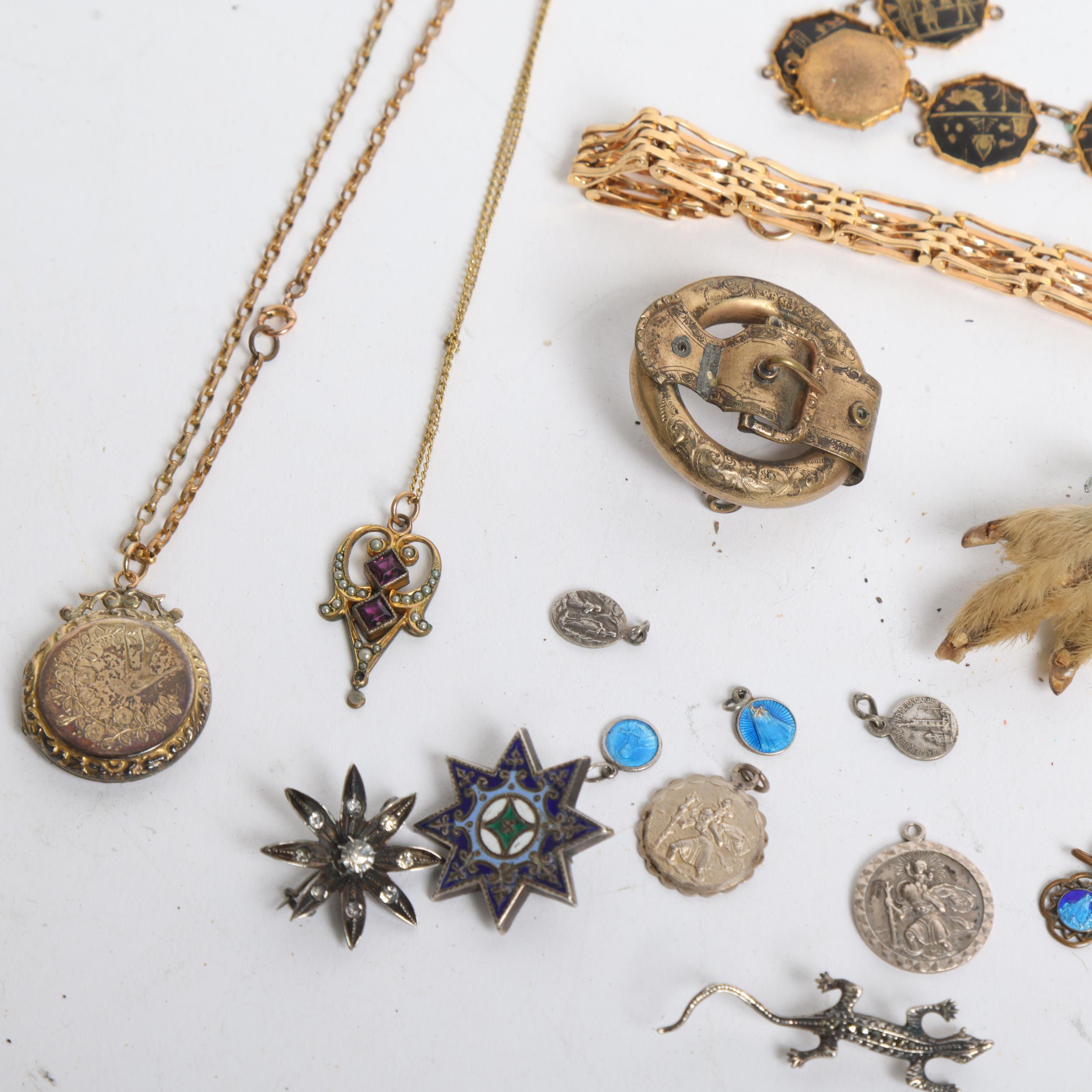 A tray of mixed silver gilt-metal and other jewellery, lockets, earrings, Damascene panelled - Image 2 of 2