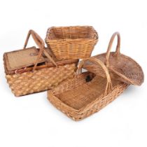 A wicker picnic basket with contents, together with 3 other wicker baskets
