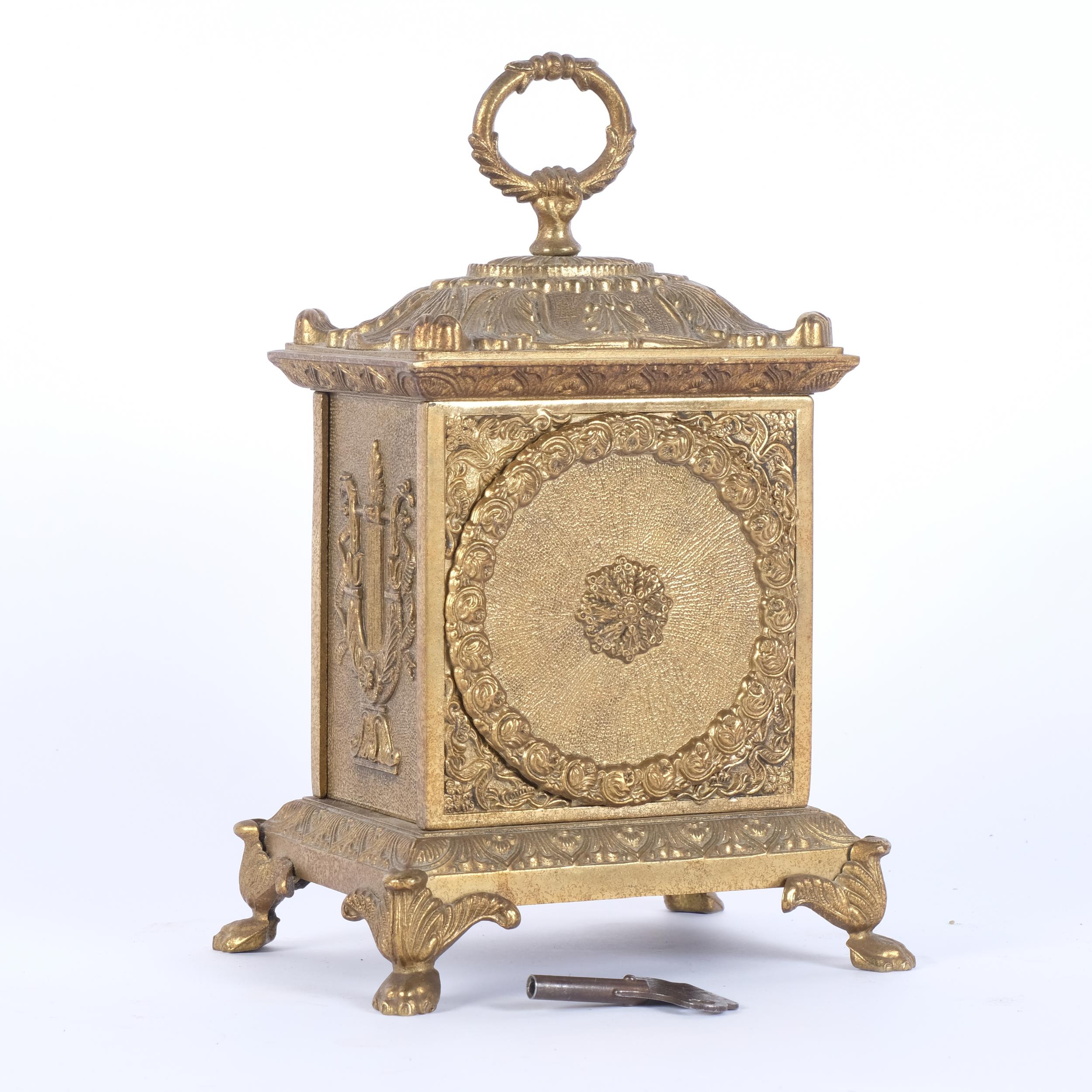 A small gilt-metal mantel clock, 8-day striking movement, enamelled batons and Roman numerals, - Image 2 of 2