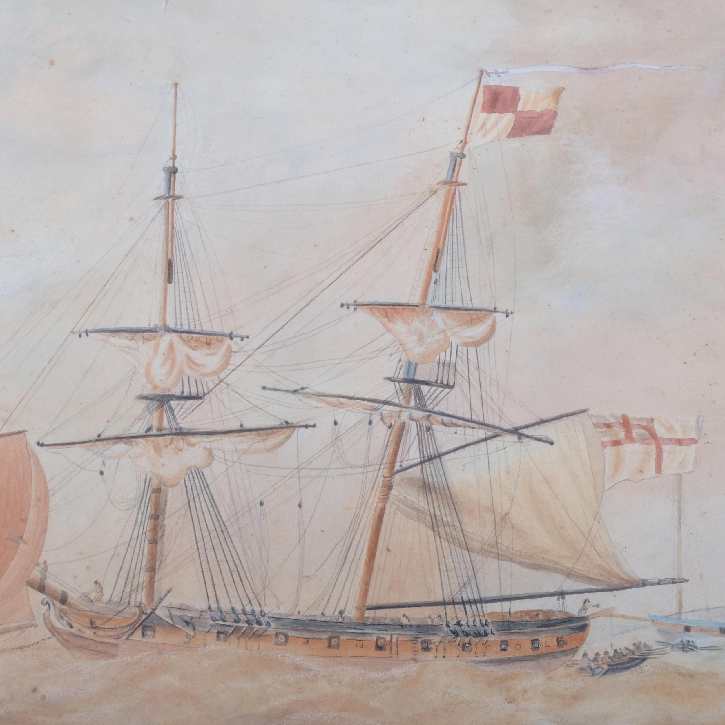 Watercolour, signed and dated, English and Dutch sailing ships involved in trading of merchandise, - Image 2 of 2