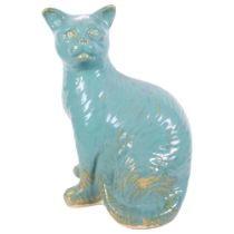 A large turquoise pottery figurine of a cat, H41cm, unmarked