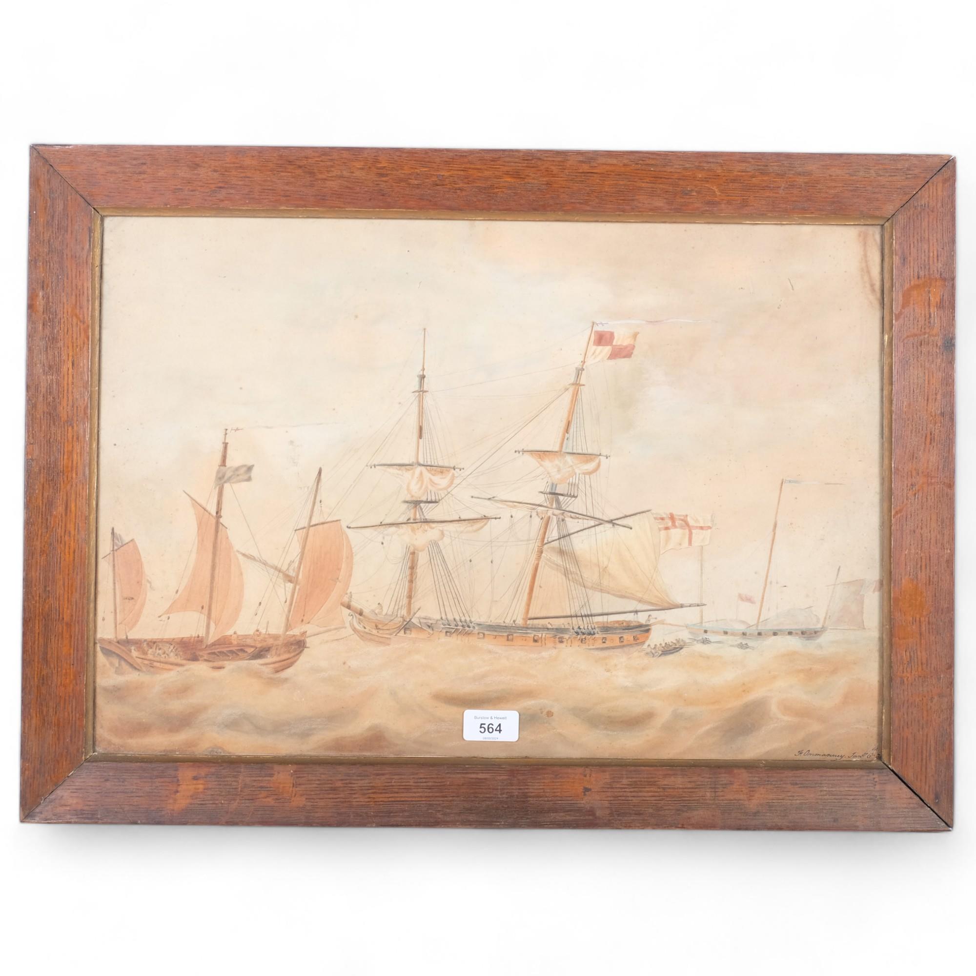 Watercolour, signed and dated, English and Dutch sailing ships involved in trading of merchandise,
