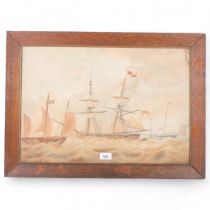 Watercolour, signed and dated, English and Dutch sailing ships involved in trading of merchandise,